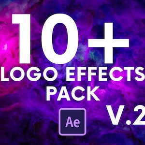 May include: A digital graphic with a purple and pink nebula background. The text "10+ LOGO EFFECTS PACK" is in large white letters. Below, a purple square with "Ae" and "V.2" in white.