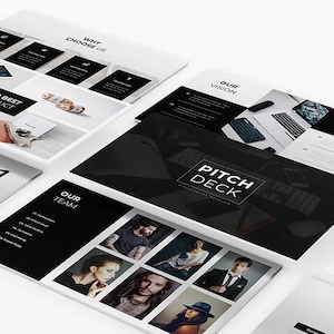 Peut inclure: Un modèle de présentation noir et blanc avec le titre "Pitch Deck" et différentes diapositives présentant une équipe, une vision, une mission et un produit. Les diapositives présentent des images de personnes, d'un ordinateur et d'un produit.