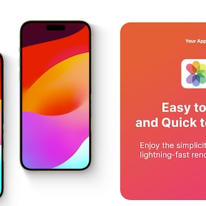 May include: A screenshot of a mobile phone displaying a colourful app icon with a flower design. The text "Your App" is displayed above the icon. The text "Easy to Use and Quick to Render" is displayed below the icon. The text "Enjoy the simplicity of use and lightning-fast rendering speed" is displayed below the text.