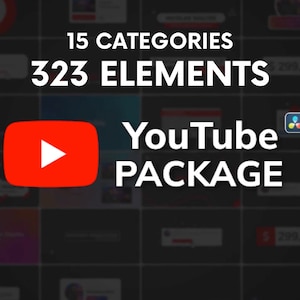 Puede incluir: Un icono rojo de reproducción de YouTube con el texto "15 CATEGORÍAS 323 ELEMENTOS YouTube PACKAGE" y un pequeño icono de paleta de colores con una gota de pintura.