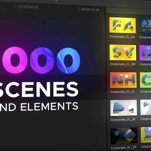 Puede incluir: Una pantalla de ordenador que muestra un programa de software con un gráfico colorido que dice "1000 SCENES AND ELEMENTS". La pantalla también muestra una cuadrícula de miniaturas con varios textos coloridos e imágenes de paisajes.