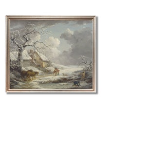 Winter landscape painting, vintage Christmas decor, holiday decor, Christmas poster, printable farmhouse, oil painting on canvas