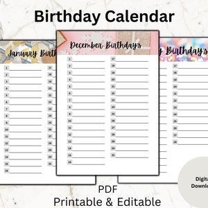 Perpetual Calendar, Birthday Calendar Instant Download, Printable image 1