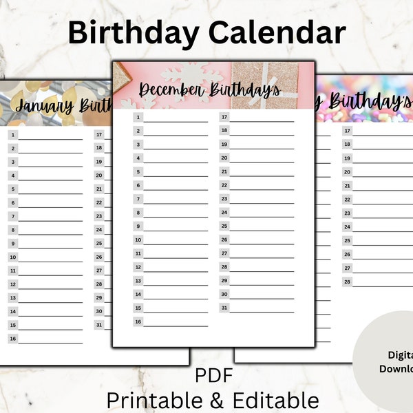 Perpetual Calendar, Birthday Calendar | Instant Download, Printable