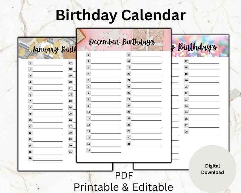 Perpetual Calendar, Birthday Calendar Instant Download, Printable image 1