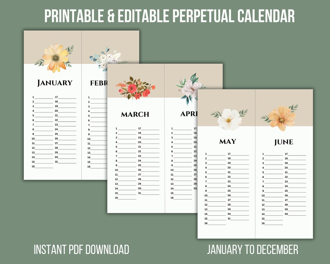 Printable &amp; Editable Perpetual Calendar Birthday Calendar Digital ...