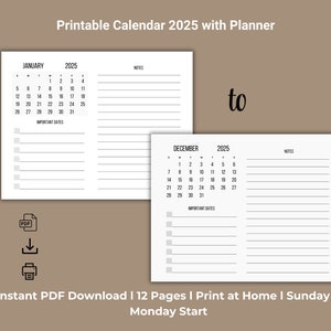 printable 2025 calendar l 2025 calendar with planner l simple calendar 2025 l monthly planner l Monday & Sunday Start l 2025 calendar