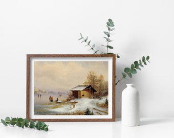 winter landscape painting, vintage Christmas decor, holiday decor, Christmas poster, printable farmhouse, Winter printable wall art