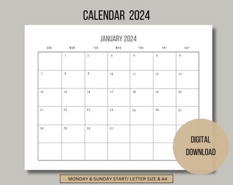 Printable Calendar 2024 | Monthly Planner 2024 | A4, Letter | Landscape | Monday & Sunday Start | Minimalist | Download | Digital PDF