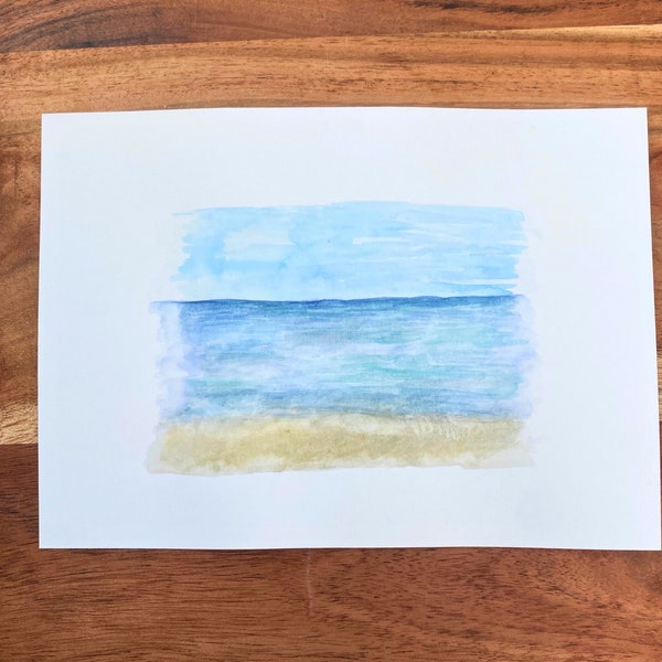 Original Ocean Seashore Watercolor Wall Art Decor, Homemade Summertime, Atlantic Ocean Summer Horizon, Breezy, Blue, Simple Warm  Watercolor