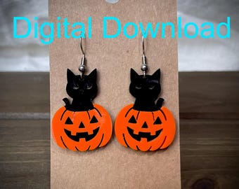 Halloween Cat Pumpkin Earring SVG, Jack O’ Lantern Earrings for Laser Cut, Glowforge SVG File, Cat Halloween Jewelry Template, Laser Cutting