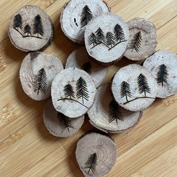 Ornaments, Adornments, wedding and shower  favors- Wood burned by hand - trees on Mimosa slices, can personalize tree number- free shipping