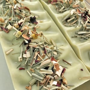 Può includere: Primo piano di due saponette verde chiaro, decorate con erbe secche e petali di fiori. Le saponette hanno una superficie strutturata e sono decorate con pezzi di citronella essiccata, fiori di camomilla e petali di rosa. Il sapone è un prodotto naturale e fatto a mano.