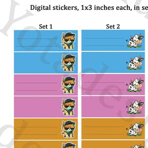Digital Sticker Pack - Animal Labels in 5 colors, cat and dog with sunglasses, cow, turtle, Size 1x3 inches each,instant download, printable