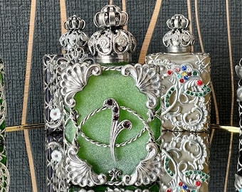 Unique Green Glass Perfume Vial with Ironwork Accent and Dipping Stick