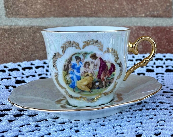 Pearlescent Porcelain Coffee Cups with Gold Rim - Czechoslovakia (Set of 2)