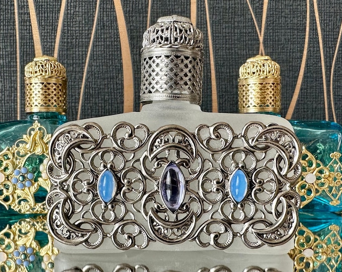 Frosted Glass Perfume Bottle: Silver Ornament, Blue/Purple Stones (60 ml)