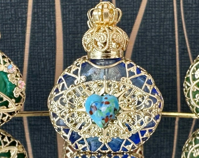 Blue glass bottle for oil perfume in vintage style with heart decoration, 6 ml