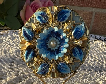 One-of-a-kind Handmade Vintage Mirror with Blue Metal Flower Decoration