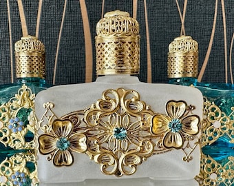 Milchglas Parfüm Fläschchen: Gold Metal & Hellblauer Stein, 60 ml