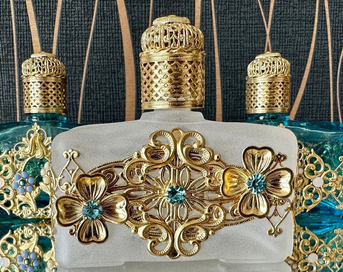 Frosted Glass Perfume Vial: Gold Metal & Light Blue Stone, 60 ml