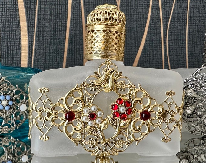 Frosted Glass Perfume Bottle: Gold Inlay, Red & White Stone Accents (60 ml)