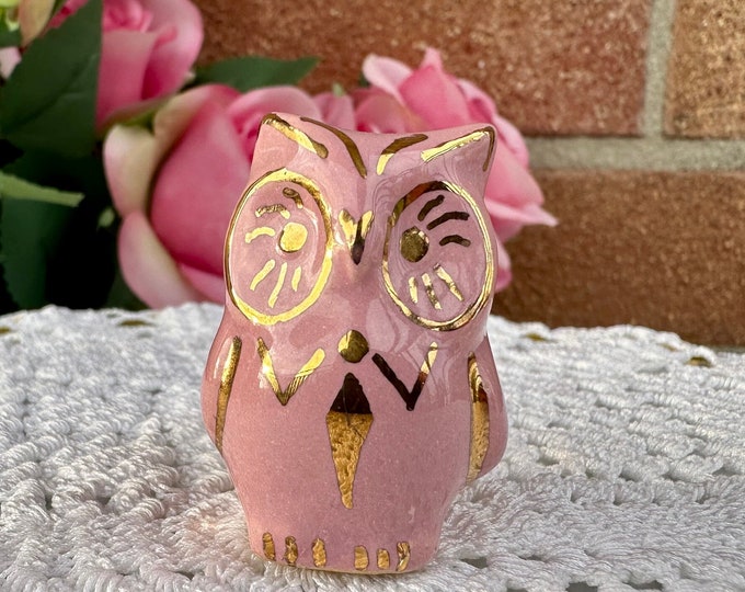 Adorable Pink Porcelain Miniature Owl with 24k Gold Accents - Collectible Home Decor