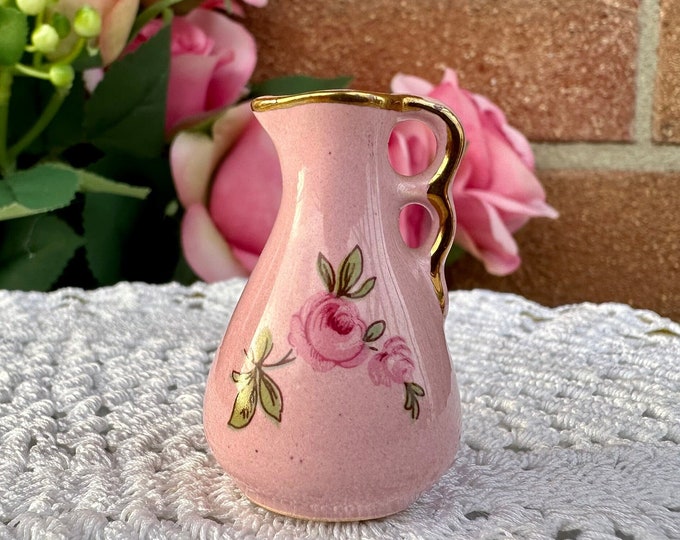 Elegant Miniature Pink Porcelain Vase with 24kt Gold Floral Design