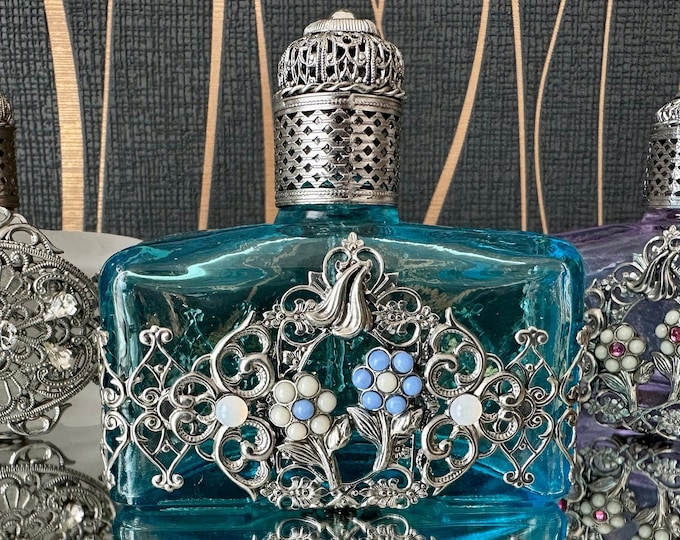 Blue Glass Perfume Oil Bottle: Silver Ornament, Stone Accents (60 ml)