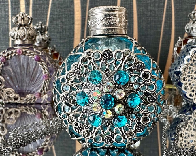 Handcrafted Blue Glass Perfume Bottle with Metal Ornament & Stones (5ml)