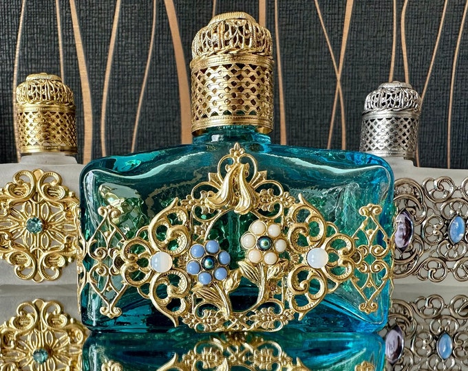 Blue Glass Perfume Bottle: Golden Ornament, Stone Accents, 60 ml