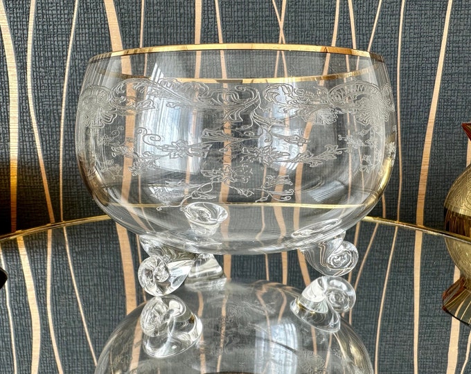 Antique Engraved Glass Bowl: Gold-Lined Vintage Decor