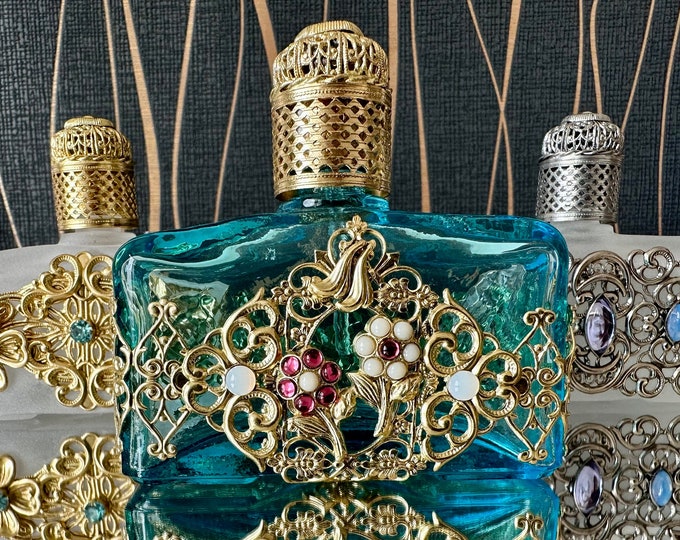 Handcrafted Blue Glass Perfume Bottle: Golden Ornament, Stone Accents (60 ml)