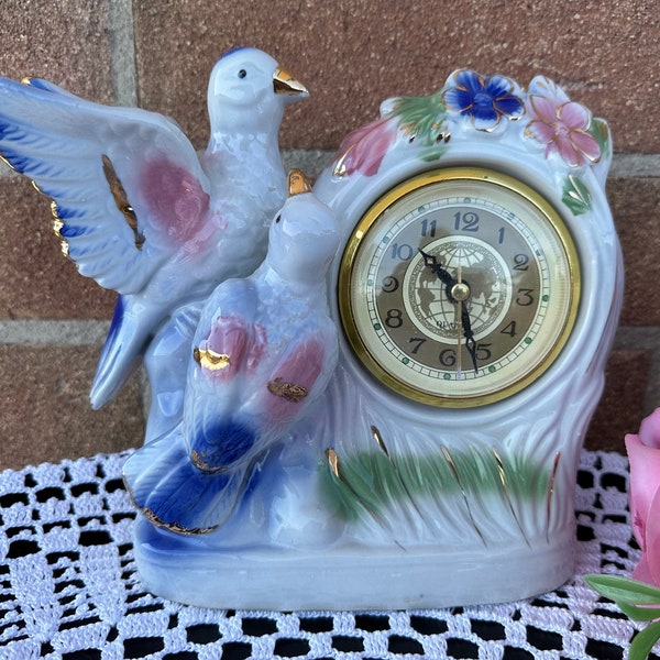 Vintage Porcelain Mantel Quartz Clock with Bird and Flower Motif: Elegant 1950's Gold Coloured Accents