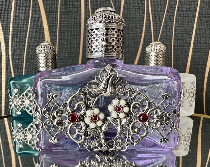 Handcrafted Lilac Glass Perfume Bottle: Silver Ornament, Stone Accents (60 ml)