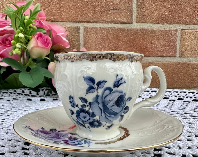 Collectible Porcelain Coffee Cup: Blue Rose Design