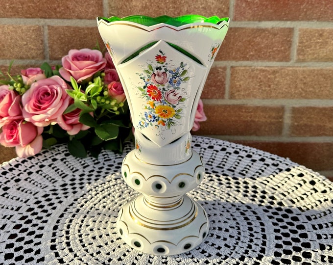 Unique Solid Antique Glass Vase, Hand Decorated with a Delicate Bouquet
