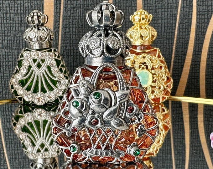 Pink Glass Perfume Bottle: Flower Basket Detail, Unique Decor (5 ml)