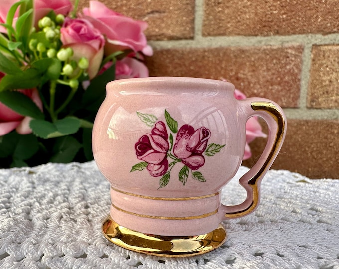 Charming Miniature Pink Porcelain Mug adorned with Roses - Delicate Home Decor or Dollhouse Accessory