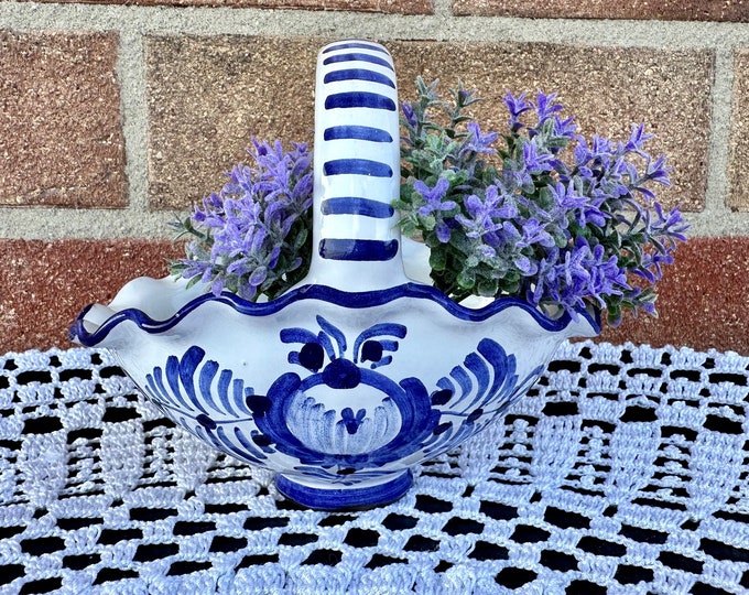 Retro Hand-Painted Ceramic Basket | Blue Ornamented 70s Decor from Modra, Slovakia | Vintage Collectible