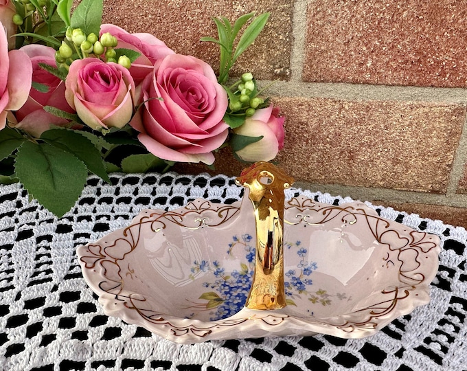 Unique Porcelain Candy Dish Featuring Delicate Blue Forget-Me-Nots and Luxurious 24K Gold Detailing