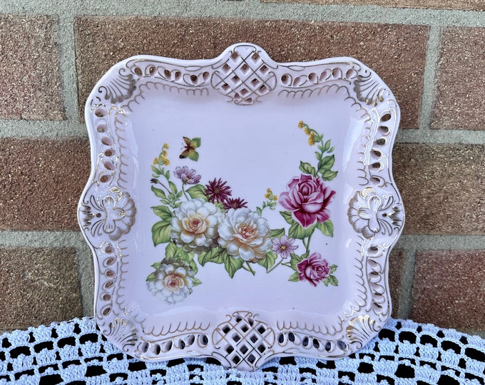 Vintage Pink Porcelain Candy Bowl: Czech Floral Plate