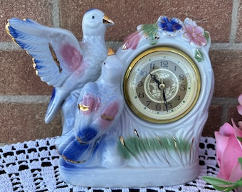 Vintage Porcelain Mantel Quartz Clock with Bird and Flower Motif: Elegant 1950's Gold Coloured Accents