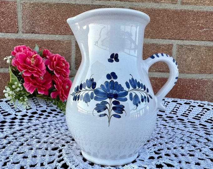 Vintage 70s Ceramic Decanter with Folklore-Inspired Blue Ornament - Unique Home Decor Accent!