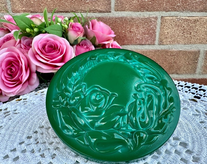 Malachite Glass Jewelry Box featuring Delicate Rose Decor