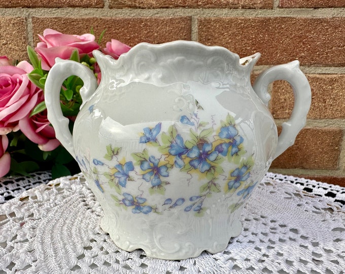 Antique Porcelain Sugar Bowl: Blue Floral Decor (No Lid)
