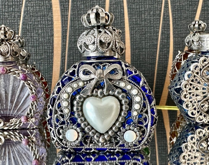 Handcrafted Blue Glass Bottle with Intricate Metal Inlays and Heart-Shaped Accent - One-of-a-Kind Gift