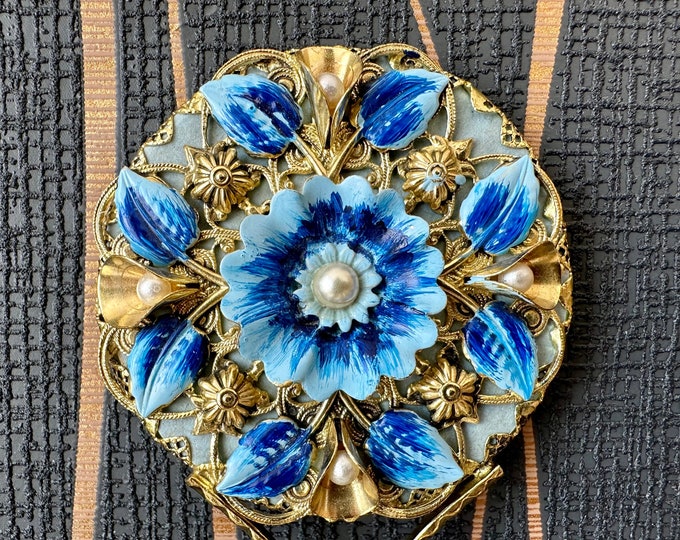 One-of-a-kind Handmade Vintage Mirror with Blue Metal Flower Decoration