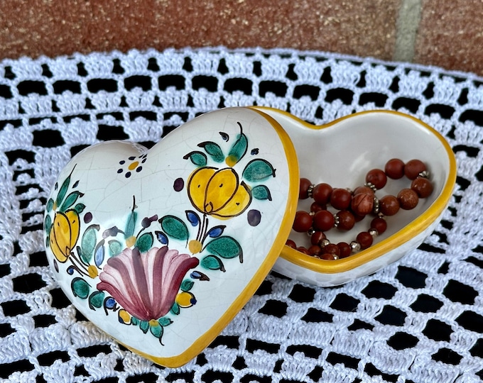 Hand Painted Ceramic Heart Box: Floral Jewelry Trinket Dish
