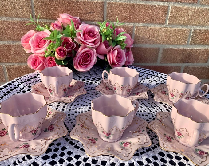 Hand-Painted Floral Tea Cup Set: 24k Gold Rose Design, Unique Saucers